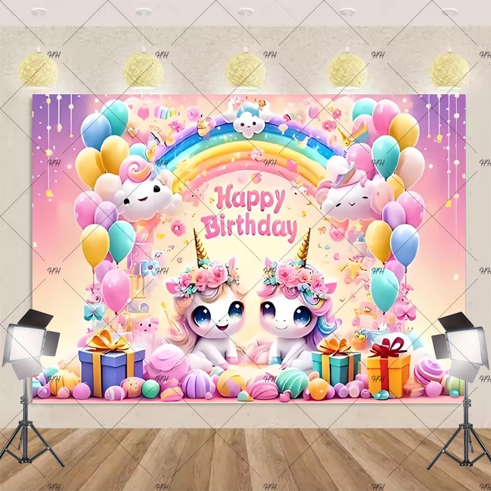 Cartoon Rainbow Unicorn Theme Princess Birthday Party Decoration Background Baby Shower Backdrop Photozone Studio Prophoot Props
