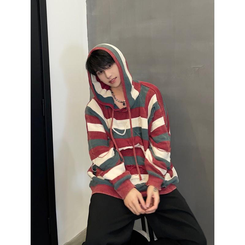 Unisex Oversized Knit Hoodie Sweater Casual Streetwear Striped Patchwork Cotton Blend Long Sleeve