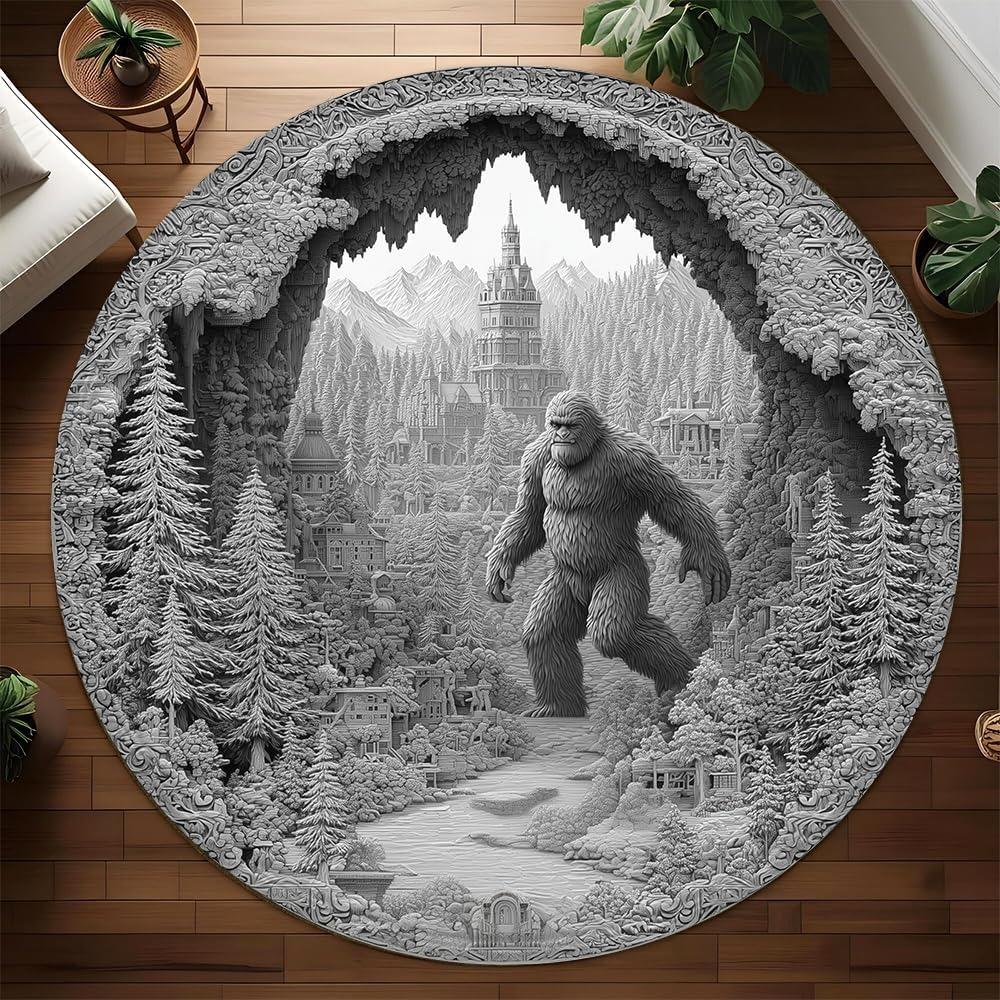 Gorilla Forest Round Rug Mysterious Low Poly Pine Woods Non-Slip Soft Floor Mat Gothic Outdoor Themed Home Decor Carpet