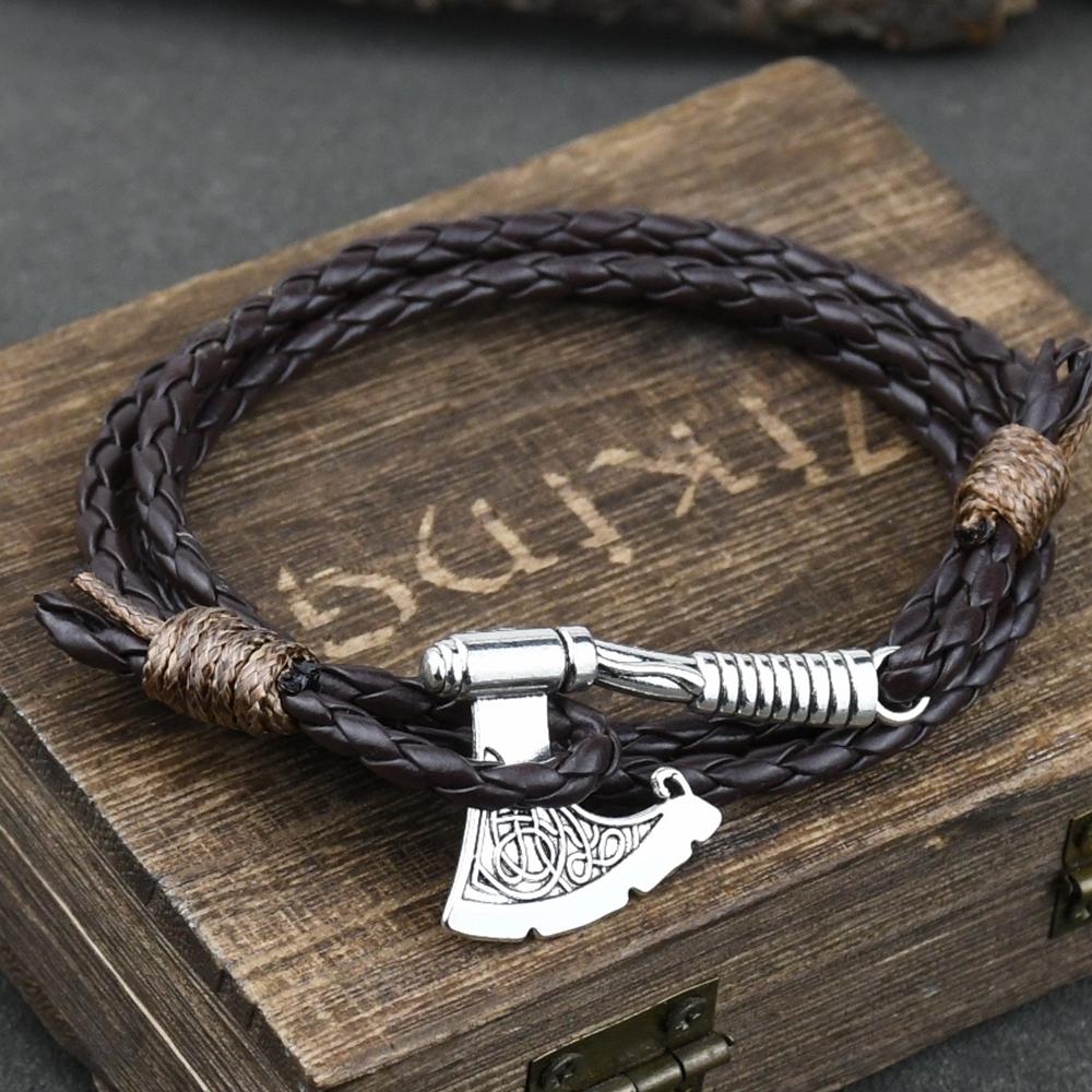 Pulsera de Hacha Vikinga Hecha a Mano Cuero Trenzado Multicapa Nudo Irlandés Joyería Pirata Para Hombres
