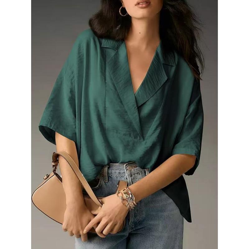 Loose Fit Short Sleeve Turn Down Collar Solid Color Casual Shirt With Pleats