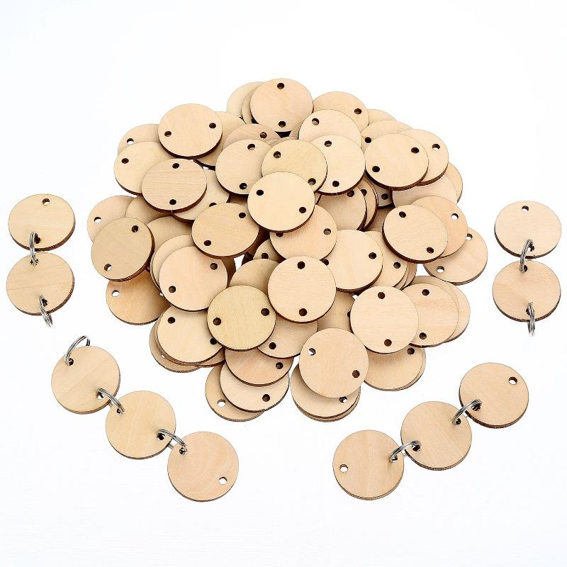 50pcs/pack Unfinished Blank Wood Round/Heart/Star Pendants Disc Wooden Pieces with Hole and Conneted Rings for DIY Craft Art