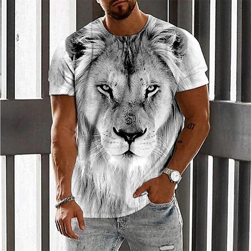 Męski T-shirt z krótkim rękawem z okrągłym dekoltem i nadrukiem cyfrowym 3D tygrysa - Modny Oddychający Wygodny Top na Lato Oversize