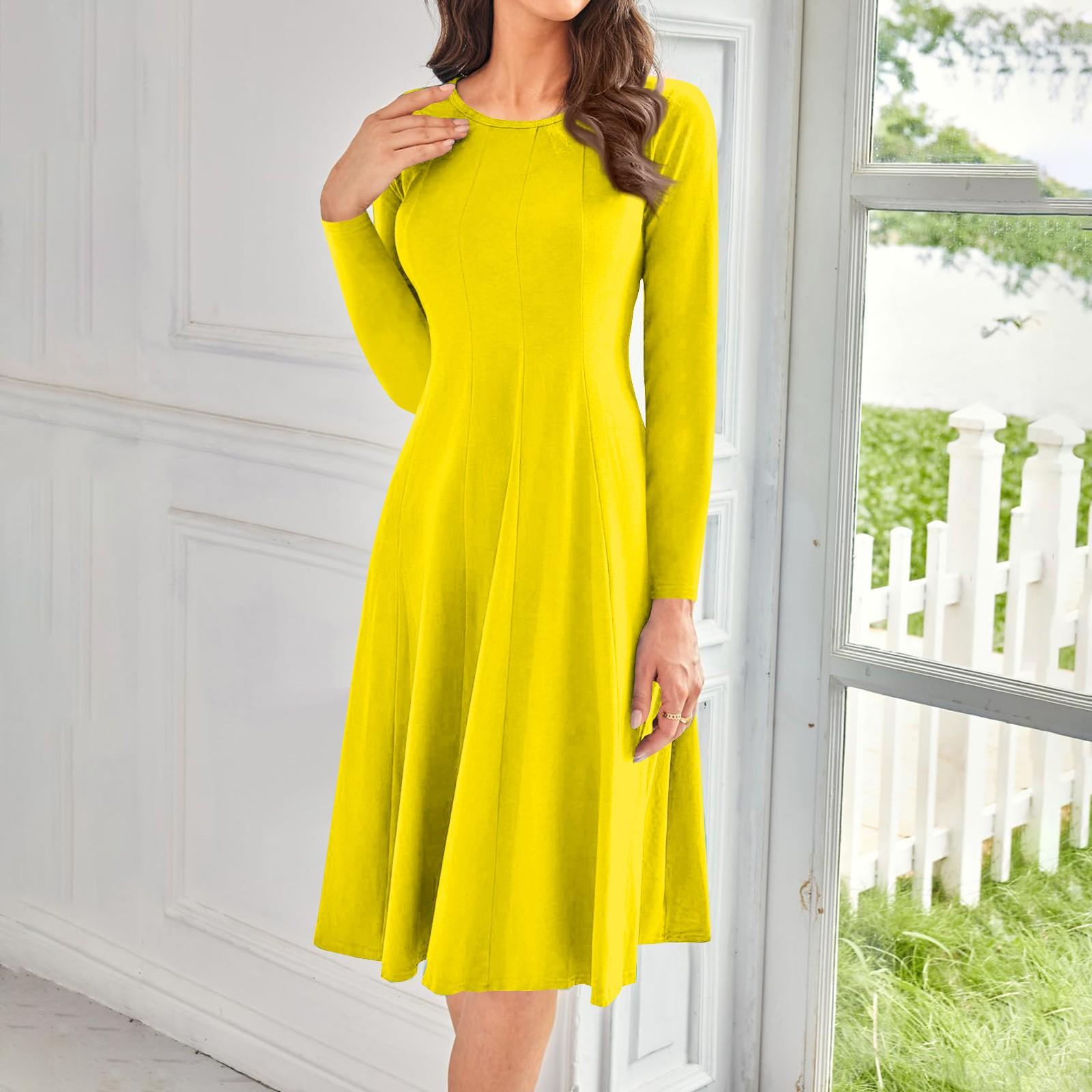 

Женское повседневное модное платье миди с круглым вырезом и длинным рукавом XL жёлтый