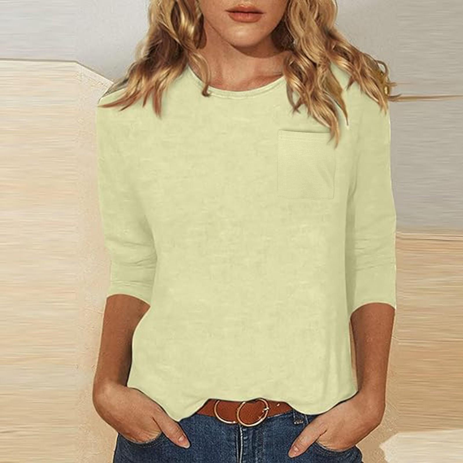 

Женский повседневный однотонный топ с круглым вырезом и рукавами три четверти с карманами L бежевый