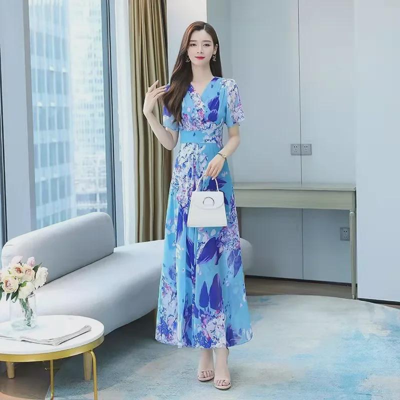 Summer Women's V-Neck Short-Sleeve Printed Dress - Sweet, Versatile, and Fashionable Korean Style
