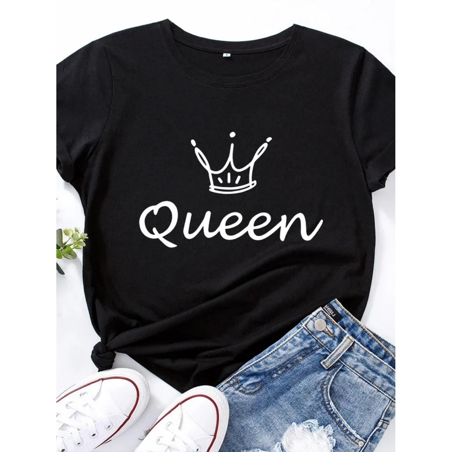

Футболка с принтом Crown Queen, женская, с коротким рукавом, с круглым вырезом, свободная, летняя, женская, повседневная, футболка, топы, Camisetas Mujer S чёрный