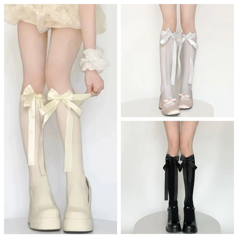 1Pair Sweet Nylon Middle Tube Sock Black White Bowknot Harajuku Sock Bowknot Sock Women