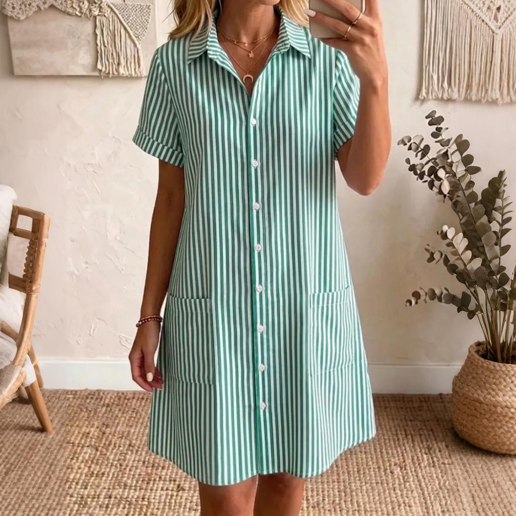 Women's Loose Fit Plus Size Striped Short Sleeve Shirt Dress Casual Mid Length Button Down Dress with Pockets Summer Style