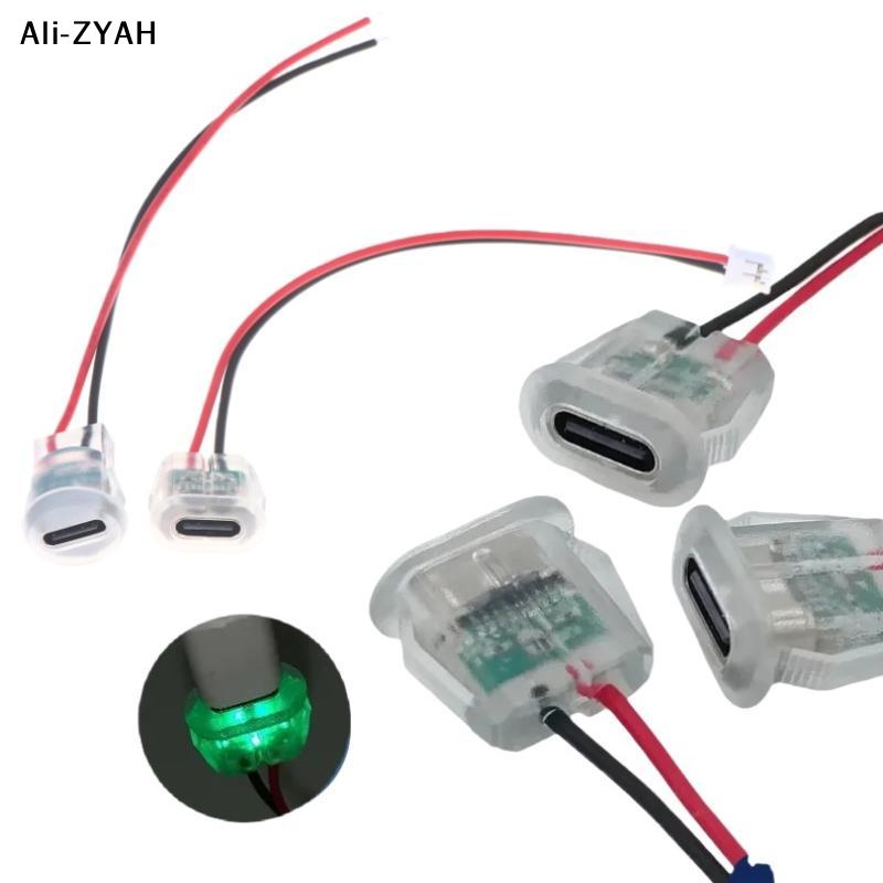 5/10Pcs Waterproof USB-C Power Port Female Connectors Transparent 2Pin USB Type-C With LED Lights Input Type Charging Socket