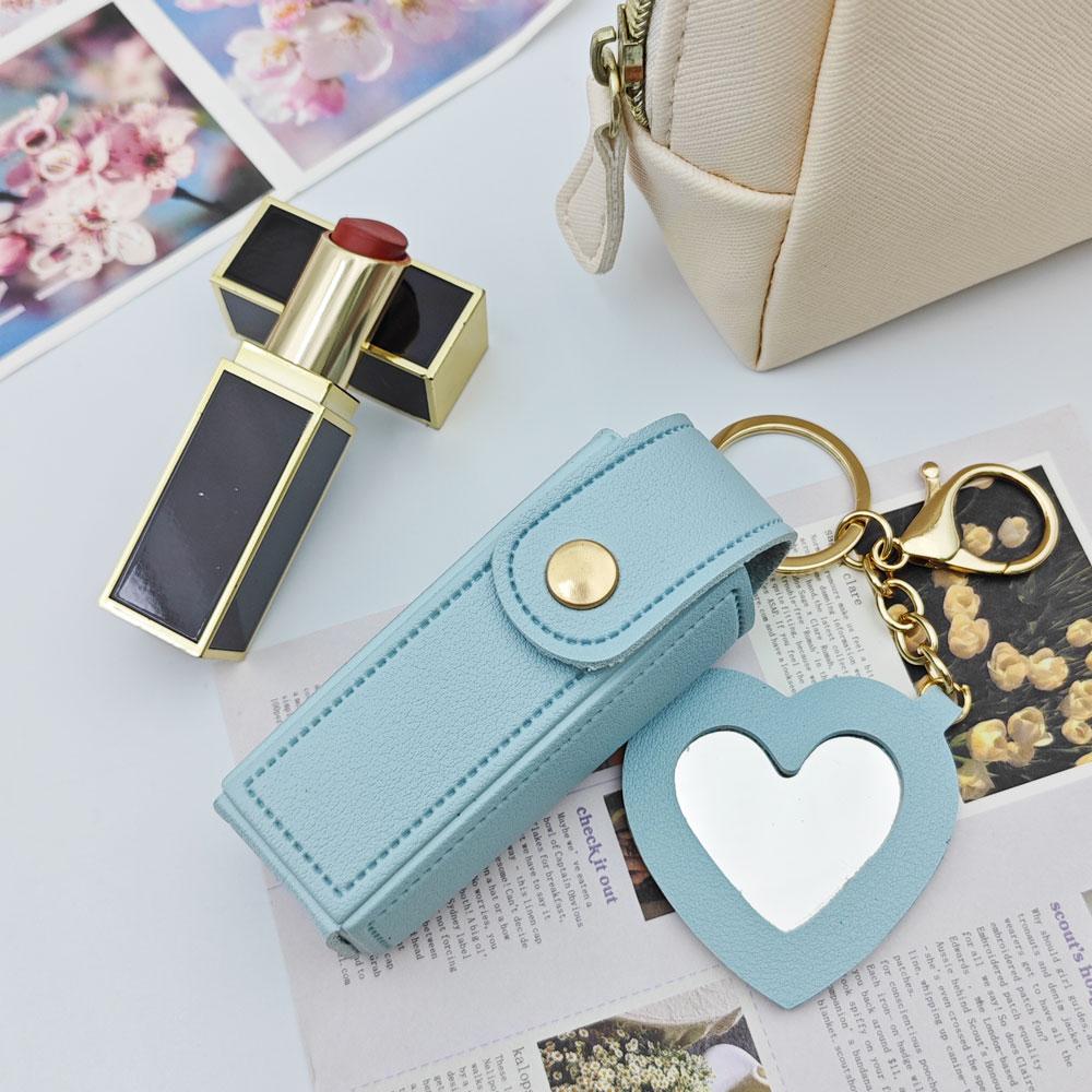 Custom Logo Name Key Chain Ring Small Versatile Keyring New Portable Lipstick Bag Packet Heart Mirror Keychain Mini Leather Gift