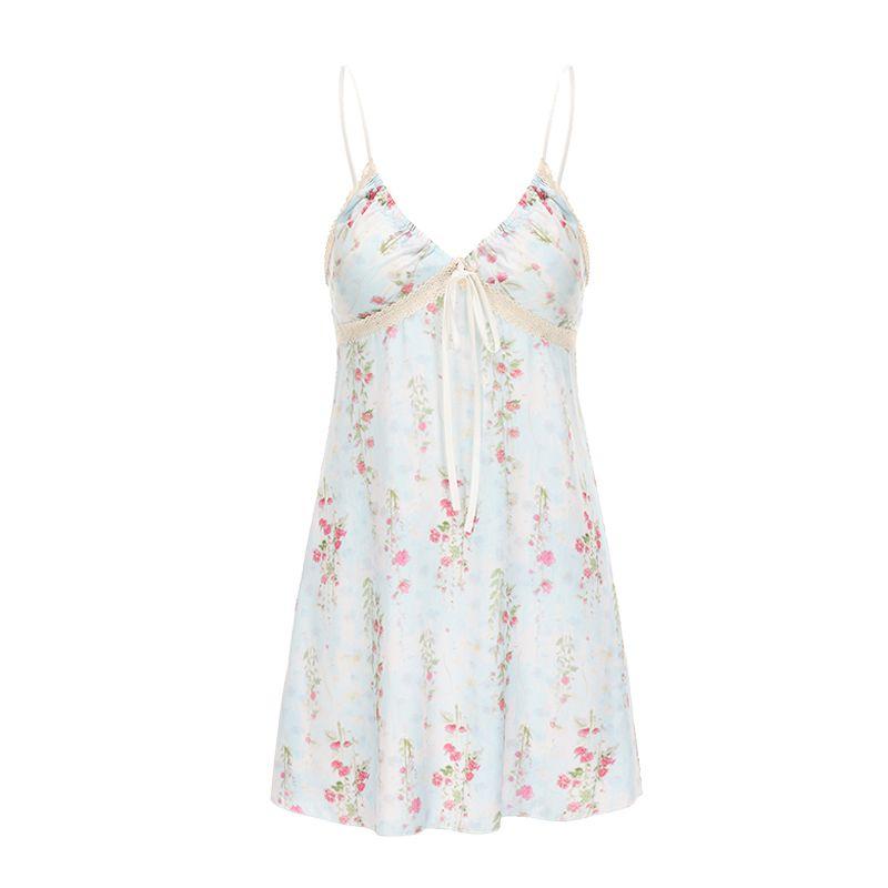 Good Morning Love with You Ice Silk Satin Padded Strap Nightdress Pure Floral French Sexy Pajamas for Women