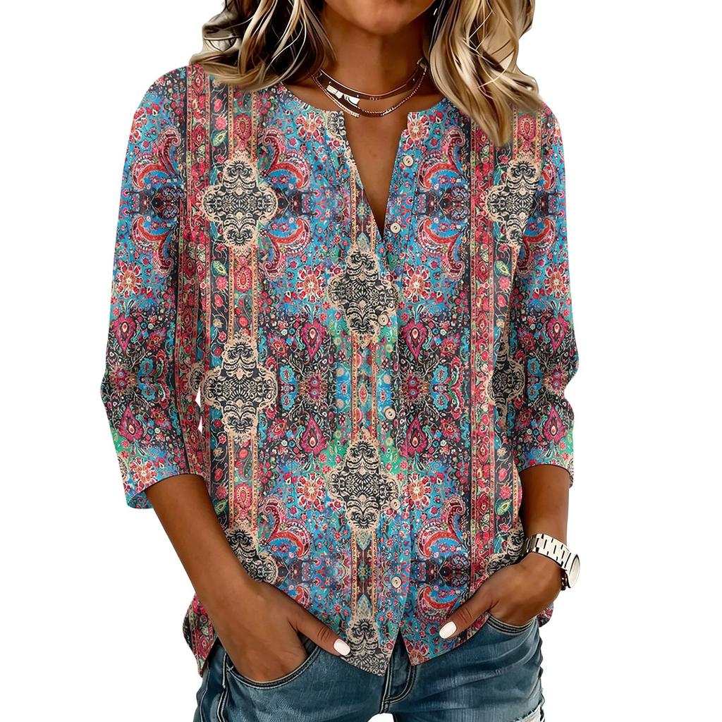 Camicia da Donna Vintage con Stampa Floreale Henley Collo a Bottoni Manica 3/4 in Misto Cotone Lino Top Casual Vestibilità Larga per l'Uso Quotidiano