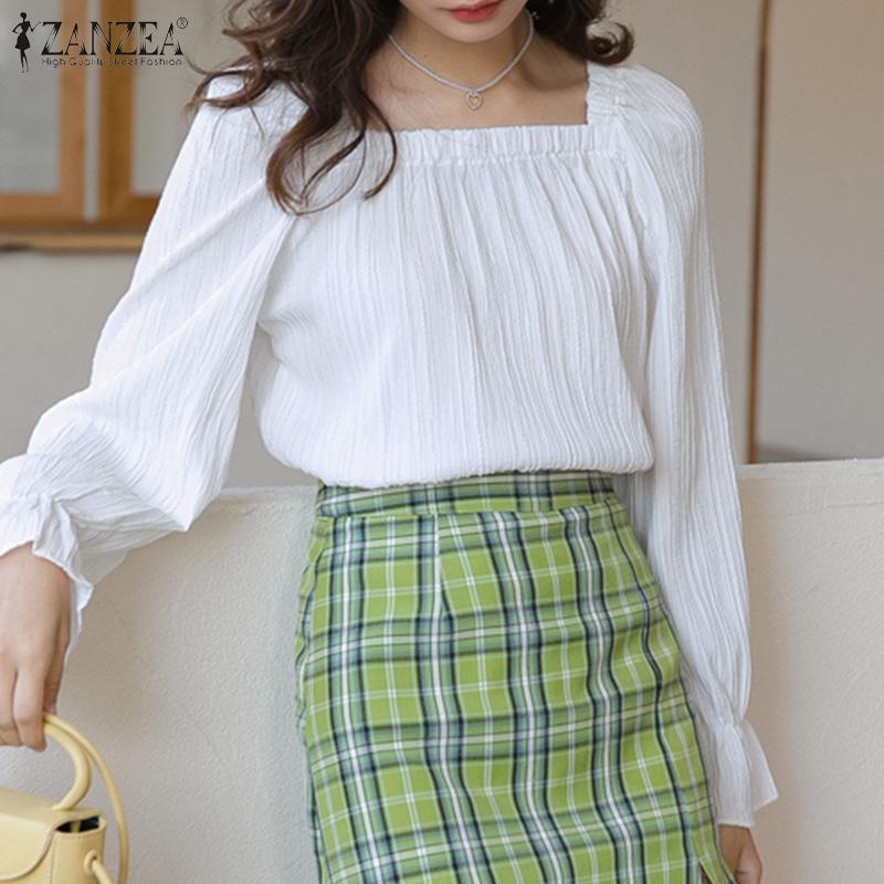 

ZANZEA Женская блузка Повседневный квадратный воротник с длинным рукавом футболка