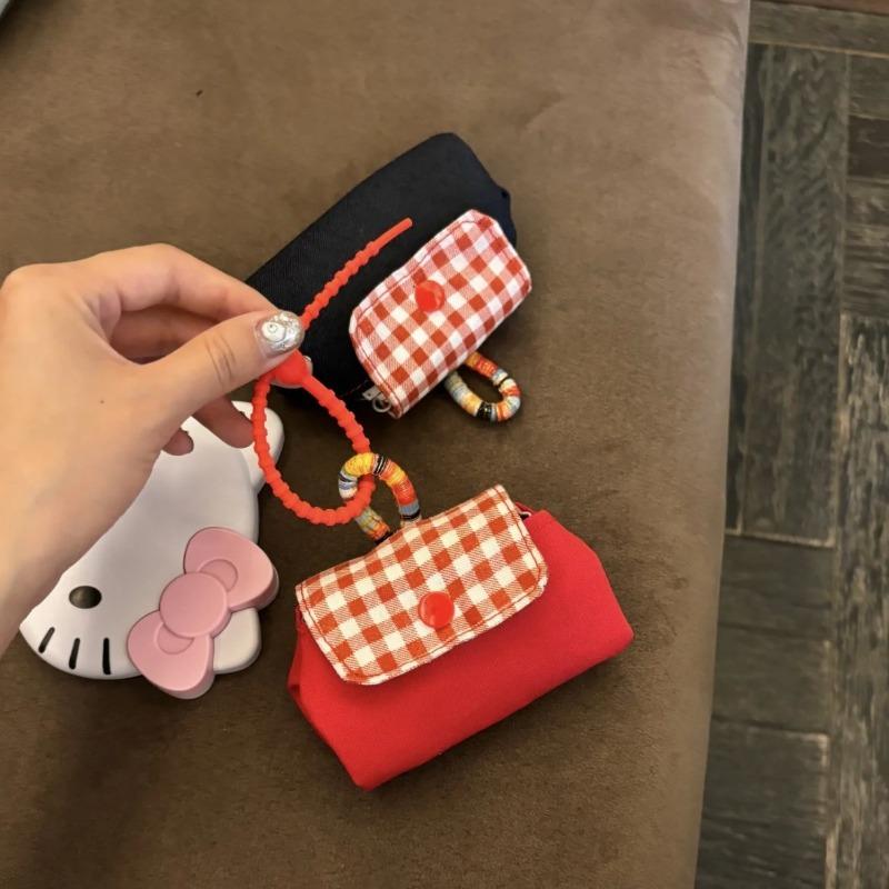 Red checkered small bag cute and exquisite headphone bag denim canvas can be hung on the bag small bag portable pendant