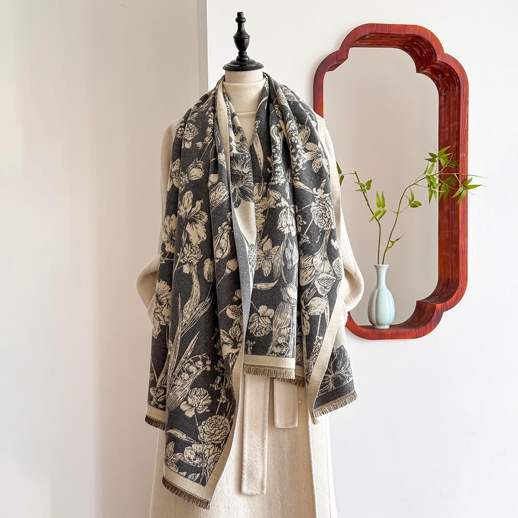  Women's Luxury Brand Cashmere Winter Scarf - Vintage Printed Shawl with Tassels, Pashmina Wrap & Bandana Poncho