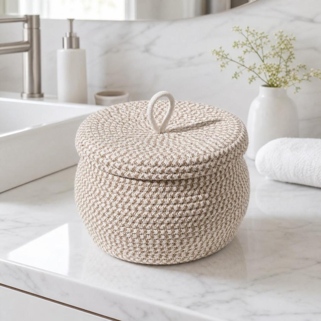 Braided Cotton Storage Basket with Lid for Dressing Areas, Living Areas