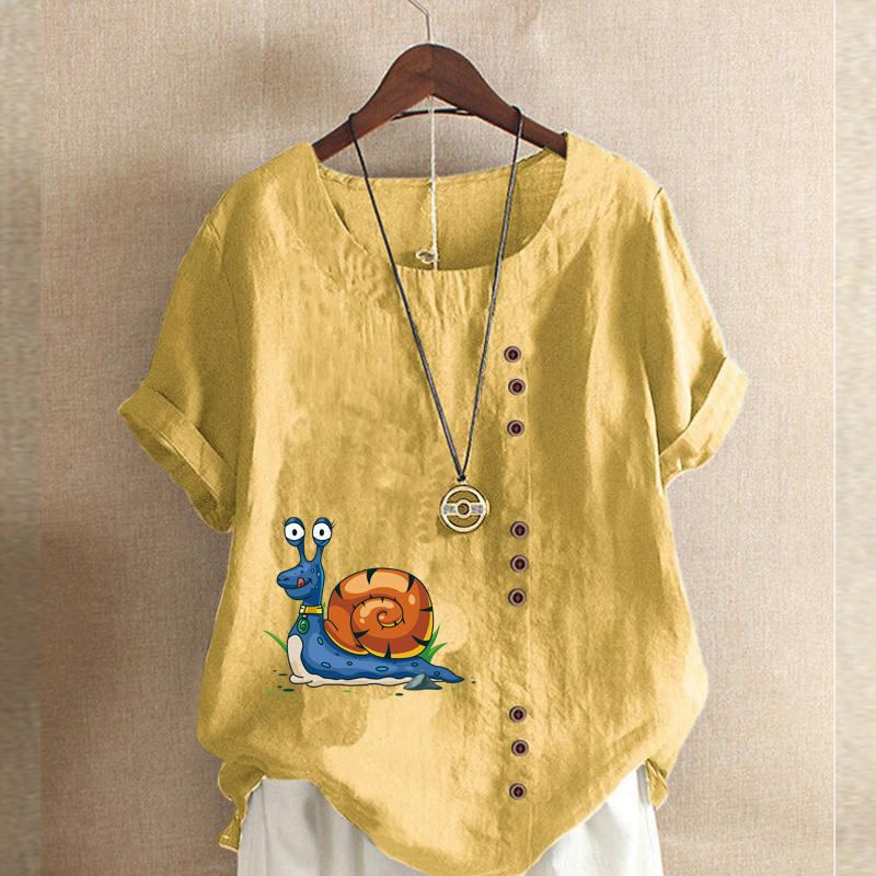

Жіноча модна літня коротка мила футболка з круглим вирізом і рукавами з принтом у формі равлика, повсякденна бавовняна лляна сорочка з графічним малюнком. Вільна блуза для відпочинку, топи, великі розміри S жовтий