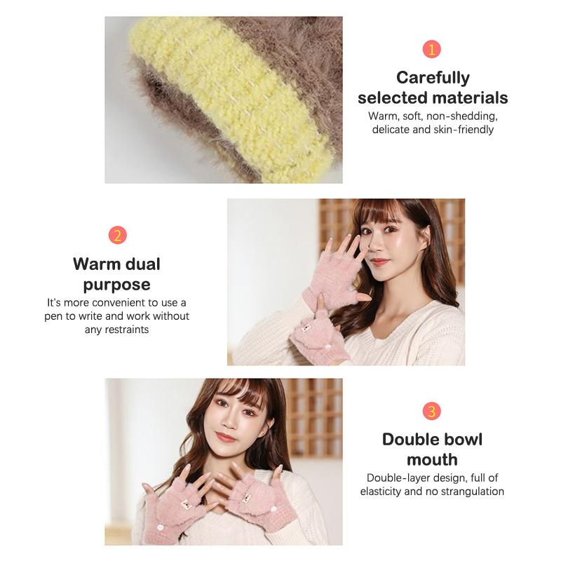 Outdoor Women Imitation Velvet Gloves Touch Screen Lovely Half-Finger Flip-Top Outdoors Gloves Solid Color Soft Knitted Mittens