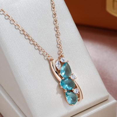 Halskette mit geometrischem blauem Zirkon-Anhänger für Damen, modischer Vintage-Schmuck