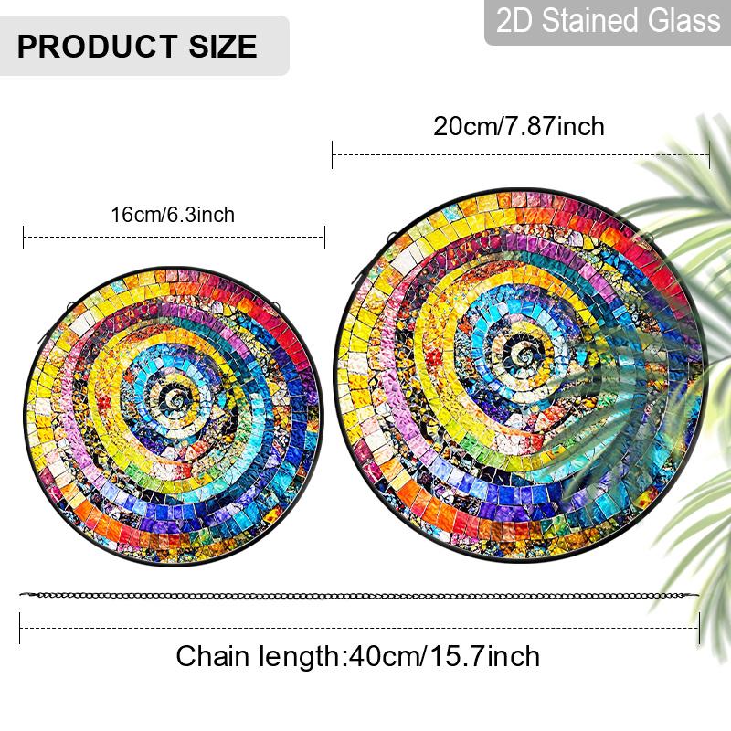 2D Flat Stained Glass Rainbow Spiral Window Decoration, 6.3/7.87inches Colored Glass Plate with Chain, Charming Indoor/Outdoor Sun Catcher Home
