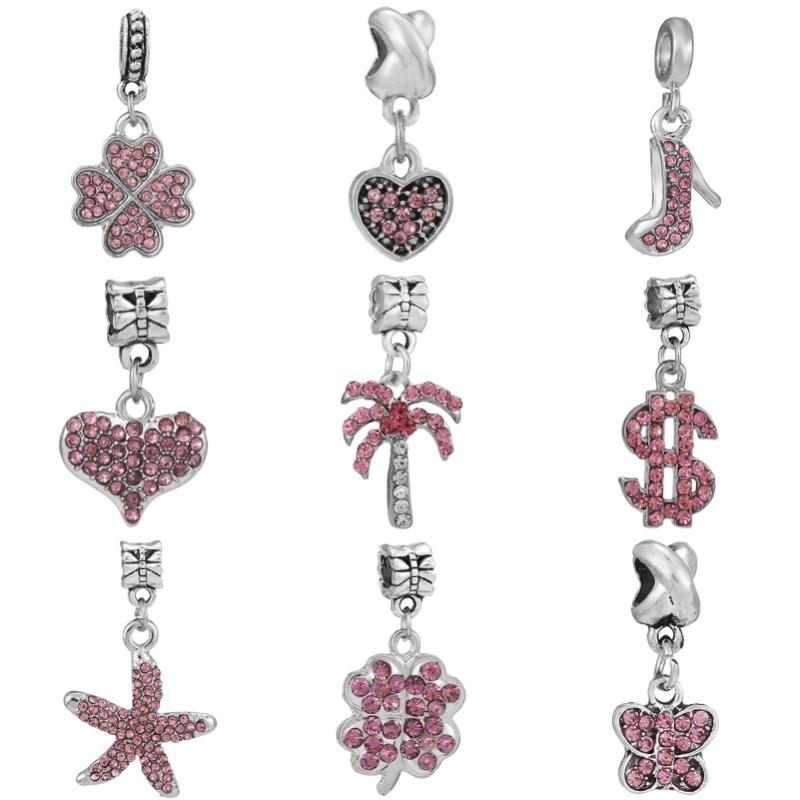 New Silver Plated Pink Diamond Butterfly Alloy Large Hole Charm Beads For DIY Bracelet Necklace Jewelry Accessories Gift