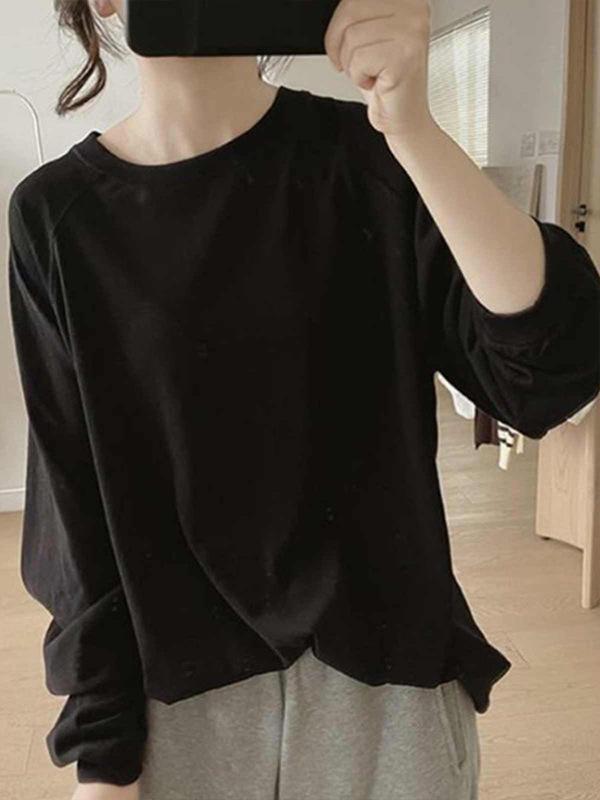 Women's Korean-Style White Long-Sleeve Round Neck Base Layer Top for Autumn/Winter - New Arrival, Loose Fit.