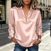 Women's Satin Button Collar Shirt Long Sleeve Silk Feel Blouse Split Hem Smooth Fabric Top for Casual Workwear