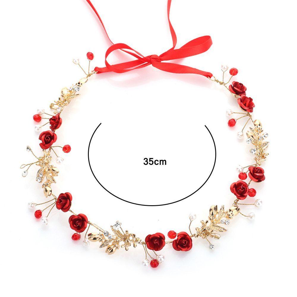 Rose Flower Crown Bridesmaid Headband With Ribbon Bride Hairband Earring Set Red Crystal Pearl