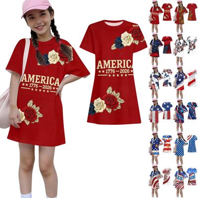 Girls Independence Day Print Casual Dress Kids Loose Round Neck Short Sleeve Thin Sundress
