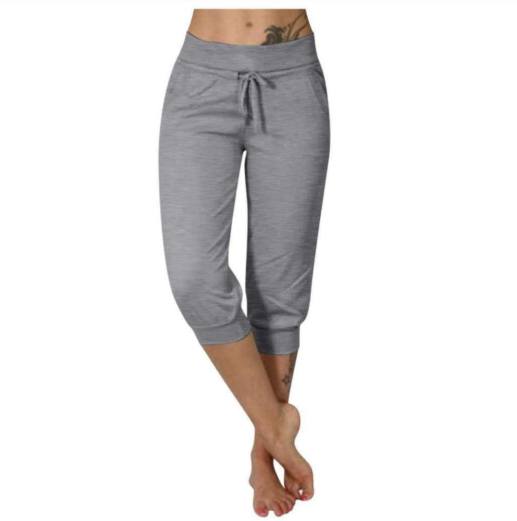 Women s Knit High-Waisted Drawstring Sports Pants with Pockets M серый