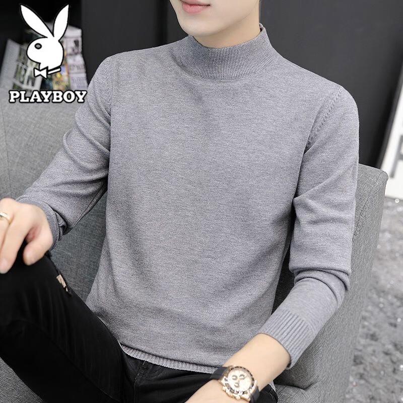 PLAYBOY Men's Pure Color Semi-High Collar Long Sleeve T-Shirt