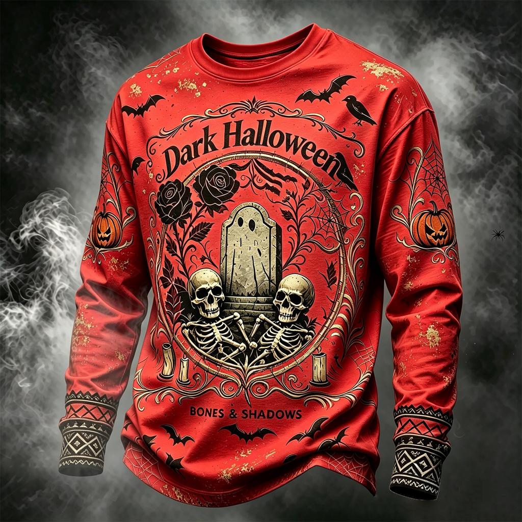 Men's Casual Long Sleeve Round Neck Top with Halloween Print for Seasonal Wear
