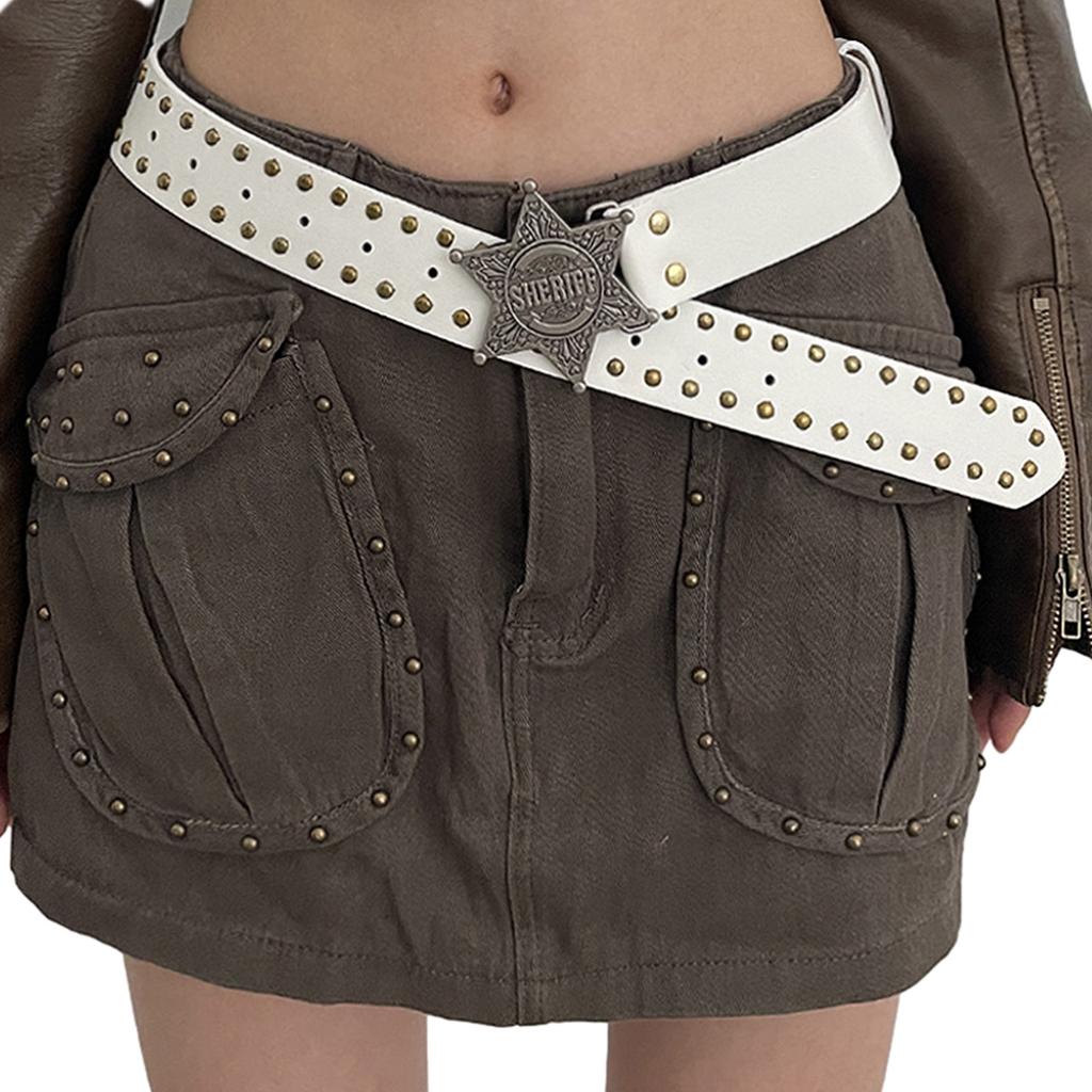 Harajuku Adult Waist Belt with Carved Buckle Alloy Rivet Waistband PU Waist Belts for Women Universal Pants Belt