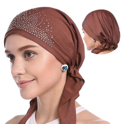 Fashion Muslim Headscarf Hat Thin Summer Inner Hijab Caps Solid Color Diamond Turban For Women Bonnet India Headwrap Hats