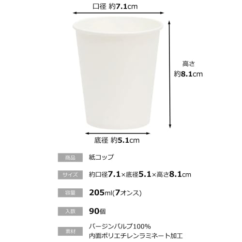 Sunnap Paper Cups, Commercial Use, 205ml, Pack of 90, White, Large Capacity