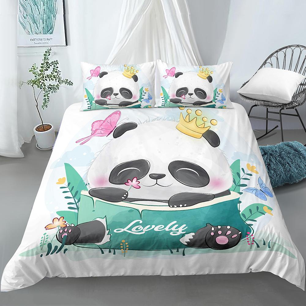 Kids Panda King Queen Duvet Cover Cute Animal Bedding Set For Boys Girls Cartoon Style 2/3pcs Quilt Cover Flower Comforter Cover