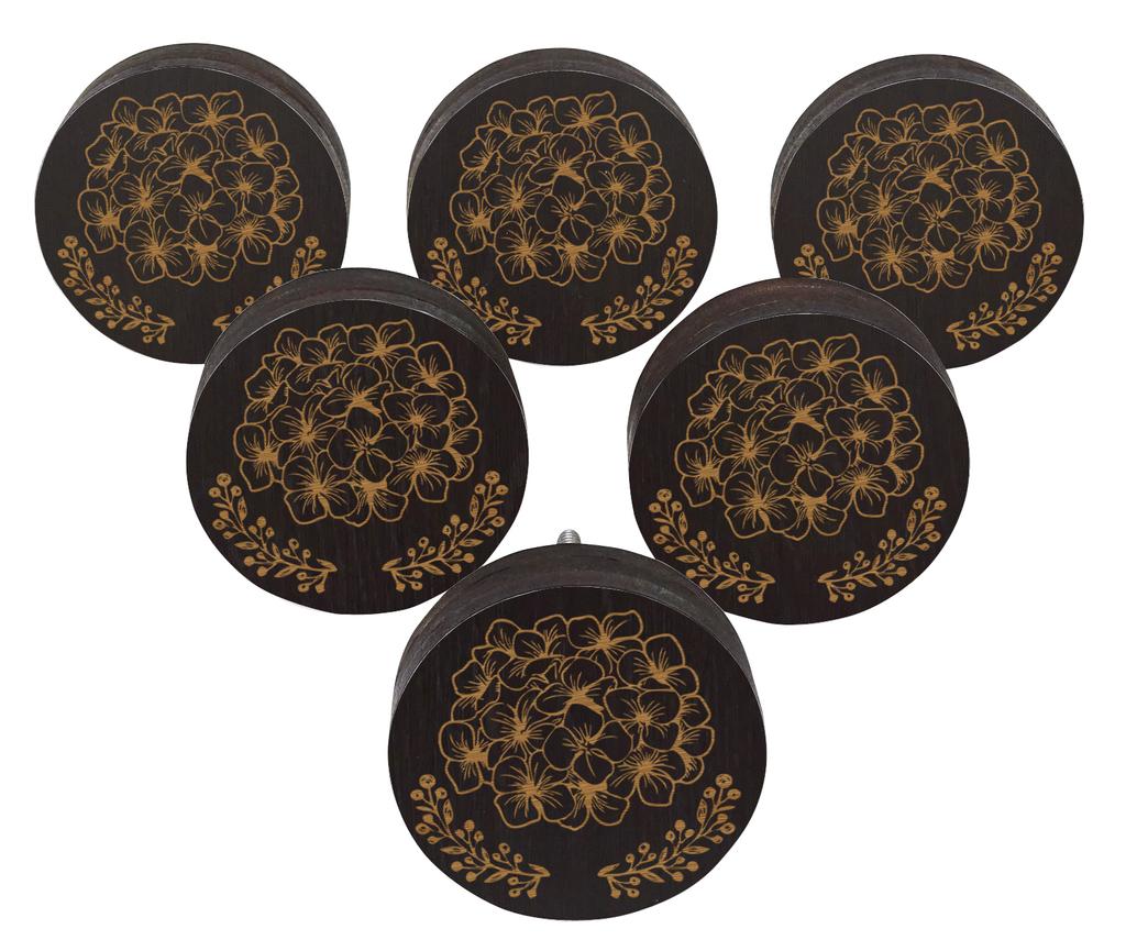 IBA Indianbeautifulart Brown Engraved Knobs Wooden Cupboard Door Knobs Pull Handle Pack of