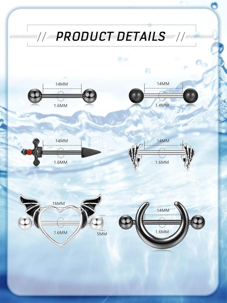 Bobisty 6 Pairs 14G Nipple Rings Set for Women 316L Stainless Steel Heart Butterfly Moon CZ Flower Nipple Rings Piercing Jewelry