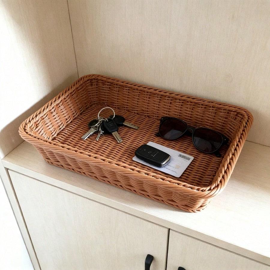 Rieten Fruitmand Geweven Displaykrat Rechthoekige Brood Groente Showmand Desktop Organizer voor Meloenen en Vruchten Multifunctionele opbergruimte