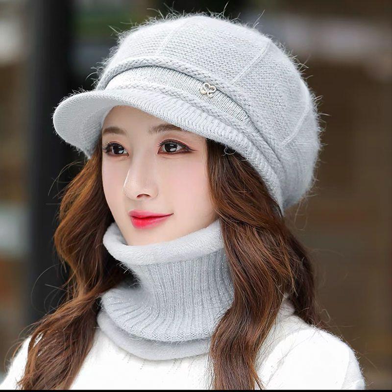 Strickmütze Damen Vielseitige Mütze Schal Zweiteiliges Set Winter Geeignet für großes Gesicht Warm und Samt Mutterhut