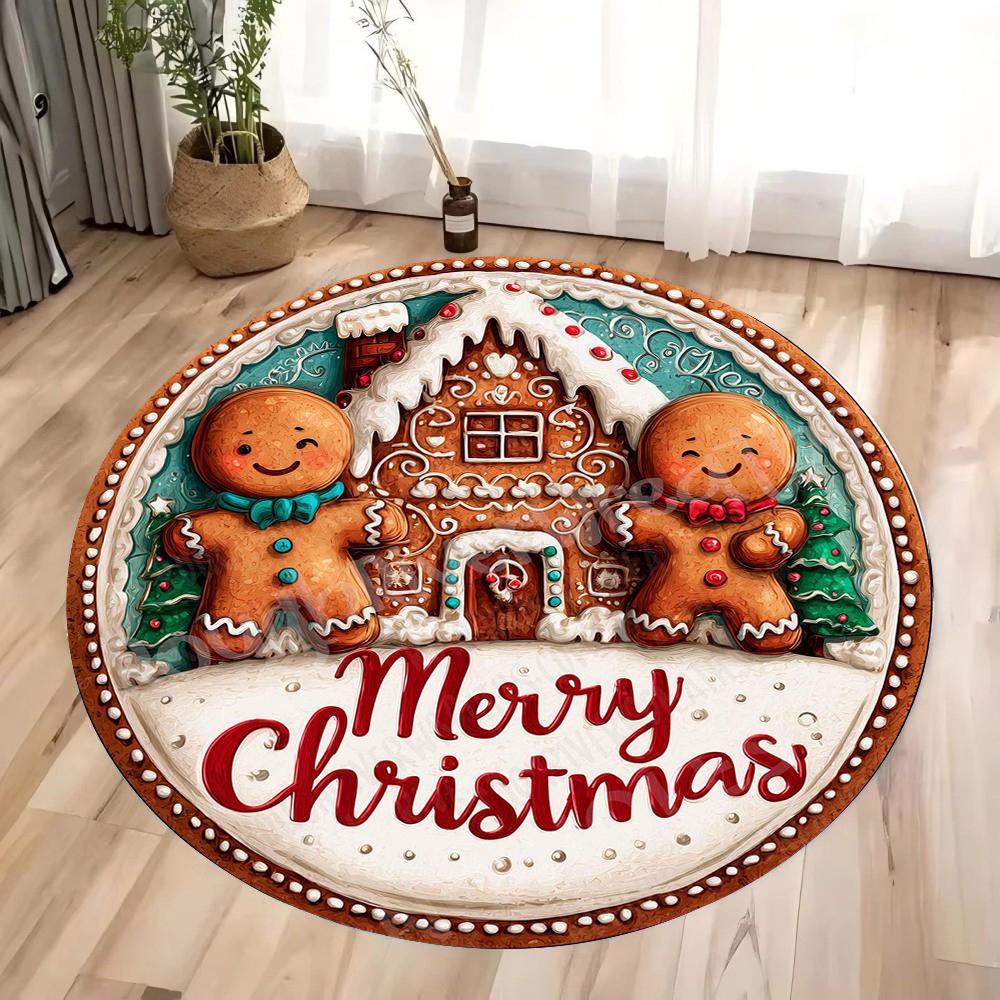 Christmas Gingerbread Man Circular Area Rug Christmas Decor Washable Patio Rug Perfect for Living Room Bedroom Decor