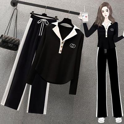 Autumn Polo Collar Long Sleeved Shirt Casual Patchwork Wide Leg Pants Two Piece Set Women's Pants