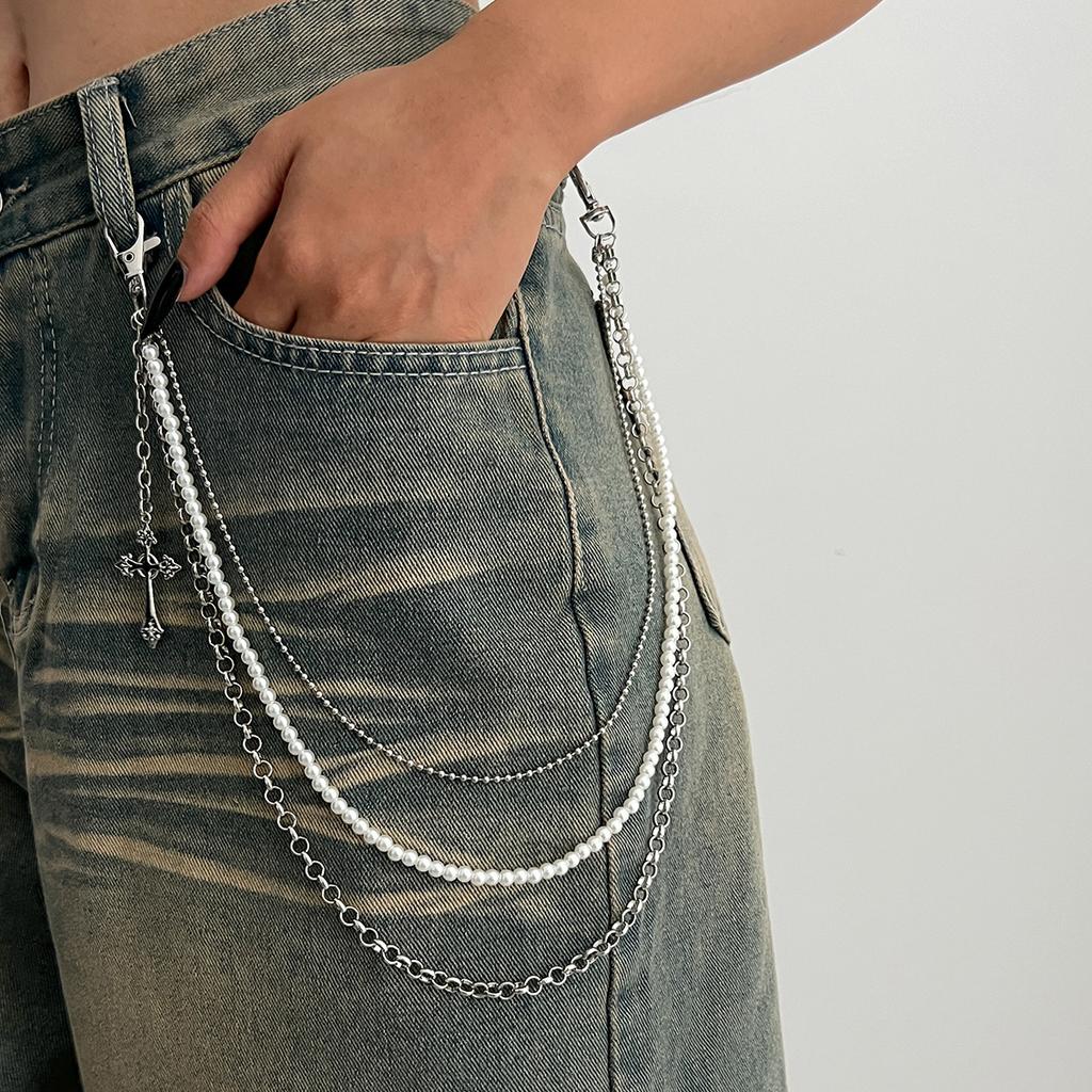 Simple Jewelry Ins Imitation Pearl Beaded Multi-layer Waist, Sweet and Cool Spice Girl Cross Pendant Trouser Chain