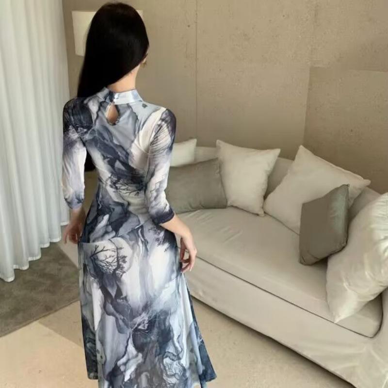 Elegant Chinese-Style Cheongsam Dress with Ink Print and Stand Collar - Plus Size, Mid-Length Skirt with Slit for Summer.