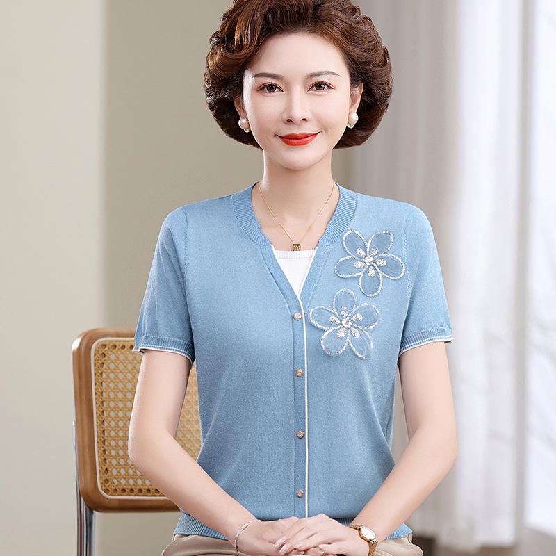 

Mulberry Silk Two-Piece Knit Cardigan & Short-Sleeve T-Shirt for Middle-Aged Women 4XL (135-150 lbs) синий
