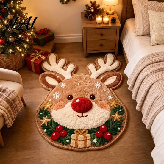 Easy Clean Decorative Rug Christmas Area Rug Plush Seasonal Bedside Gingerbread Man Tree Cute Stocking Shape Non-Slip for Bedroom Living
