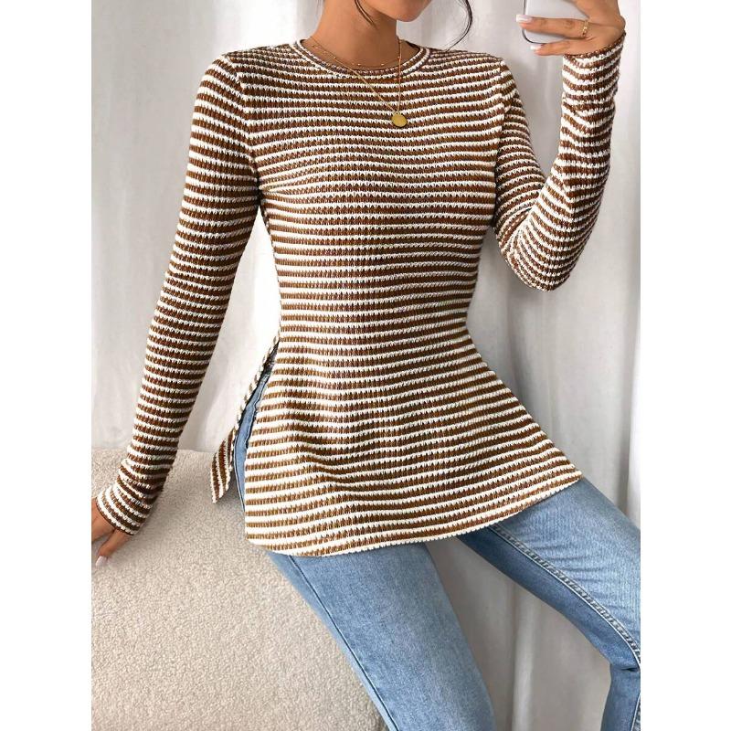 Damenmode Lässig Frühling Herbst Streifendruck Langarm O-Ausschnitt Blusen & Hemden