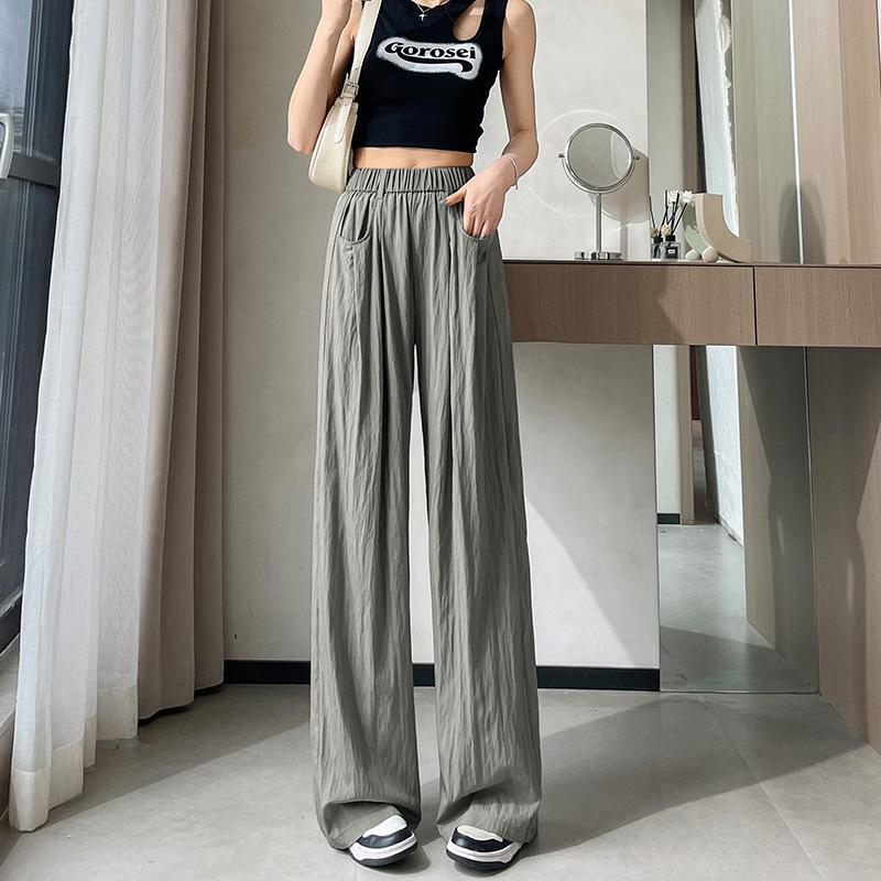 Ice Silk Women's High-Waist Wide Leg Pants - Summer 2025, Thin Apricot Drapey Style