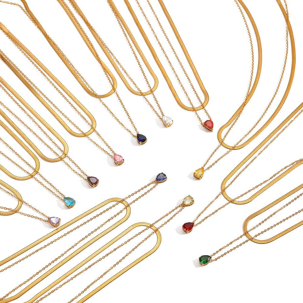 Trendy Fashion Color Zircon 18K Gold Plated Stainless Steel Water Drop Birthstone Pendant Stacked Collarbone Necklace for Women